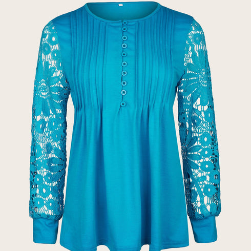 Women's Lace Contrast Pleated Long Sleeve T-Shirt