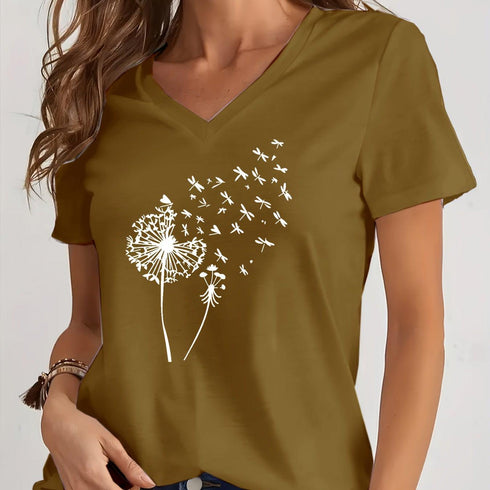 Dandelion Print V Neck T-Shirt for Spring & Summer