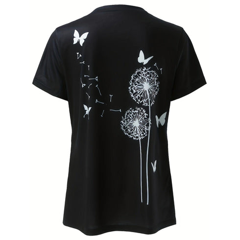 Dandelion & Butterfly Print T-Shirt Casual Crew Neck Top