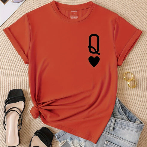 Q & Heart Print Crew Neck T-Shirt