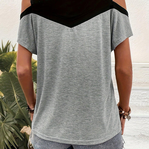 Color Block Cold Shoulder T-Shirt for Women
