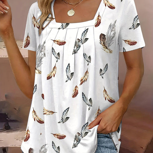 Women's Feather Print Square Neck T-Shirt