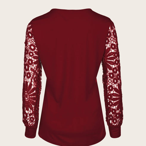 Women's Lace Contrast Pleated Long Sleeve T-Shirt