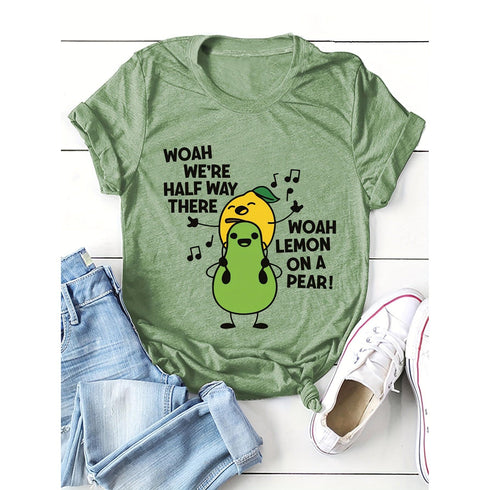 Women's Cartoon Fruit Print T-Shirt - Short Sleeve Top