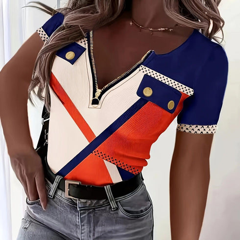 Color Block Quarter Zip T-Shirt for Spring & Summer Style