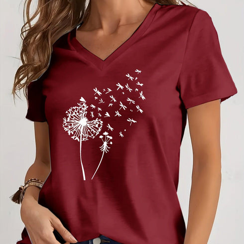 Dandelion Print V Neck T-Shirt for Spring & Summer