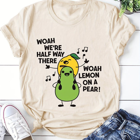Women's Cartoon Fruit Print T-Shirt - Short Sleeve Top