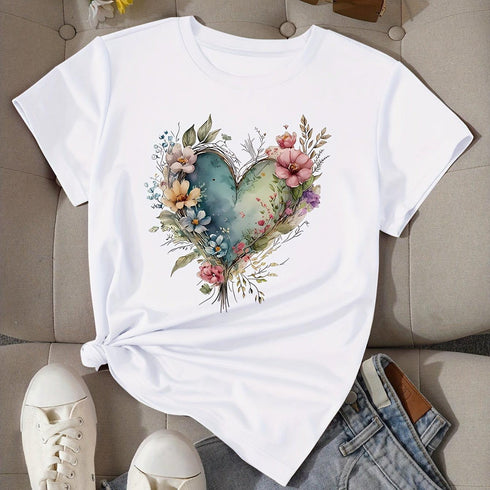 Heart Print Short Sleeve T-shirt for Women