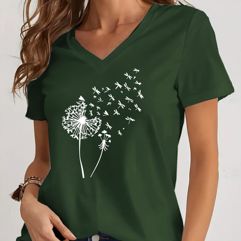 Dandelion Print V Neck T-Shirt for Spring & Summer