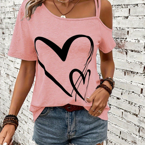 Women's Heart Print One Shoulder T-Shirt