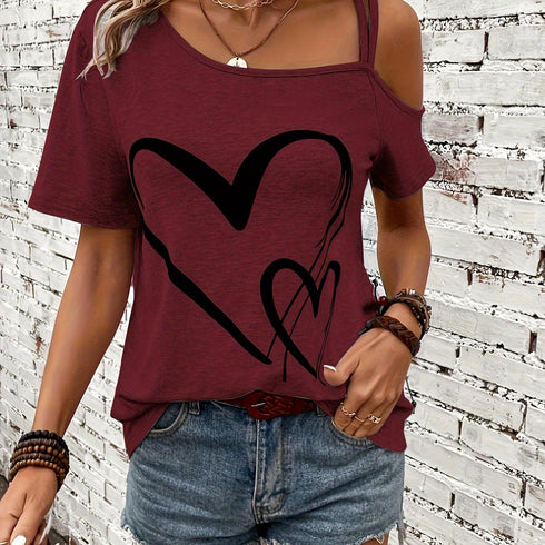 Women's Heart Print One Shoulder T-Shirt