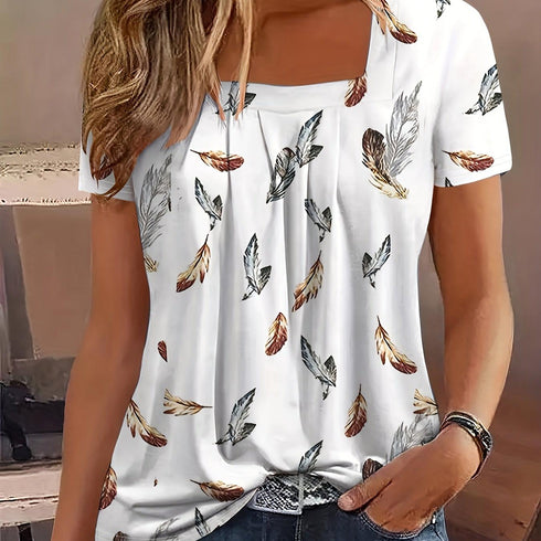 Women's Feather Print Square Neck T-Shirt