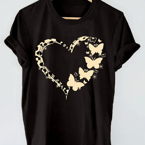 Heart & Butterfly Print T-shirt for Women