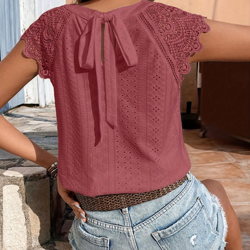 Eyelet Lace Tie Back T-Shirt for Casual Chic Style