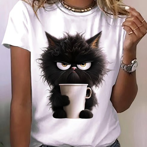Women's Cat Print T-Shirt - Casual Summer Top