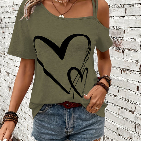 Women's Heart Print One Shoulder T-Shirt