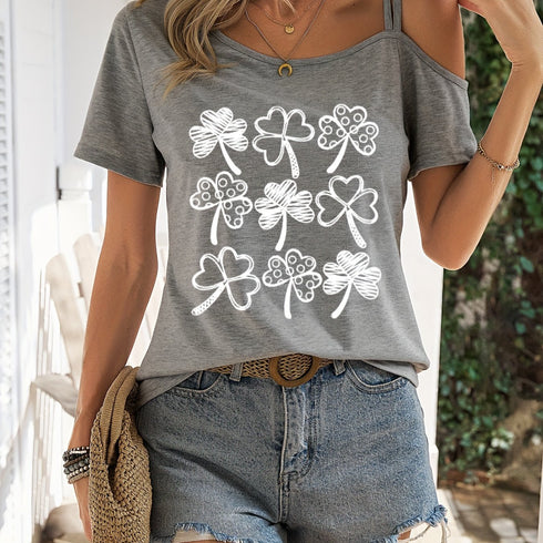 Women's Heart Print One Shoulder T-Shirt