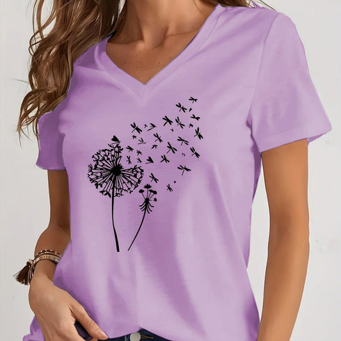Dandelion Print V Neck T-Shirt for Spring & Summer