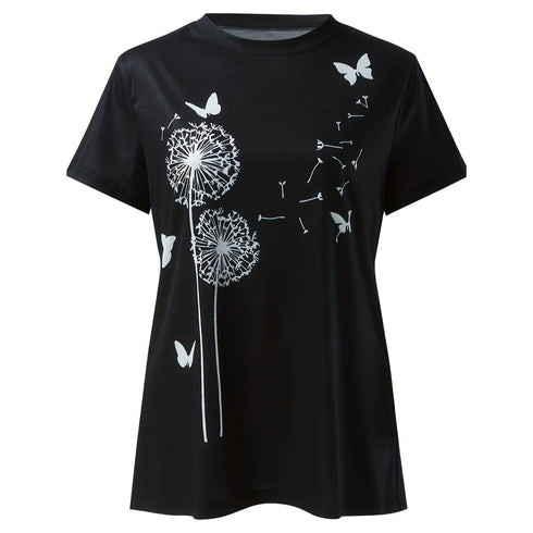 Dandelion & Butterfly Print T-Shirt Casual Crew Neck Top