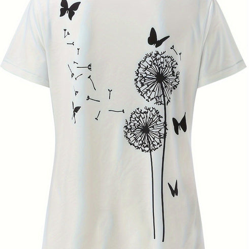 Dandelion & Butterfly Print T-Shirt Casual Crew Neck Top
