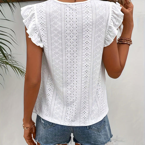 Solid Eyelet Ruffle Trim T-Shirt