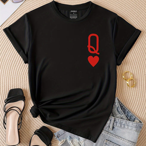 Q & Heart Print Crew Neck T-Shirt
