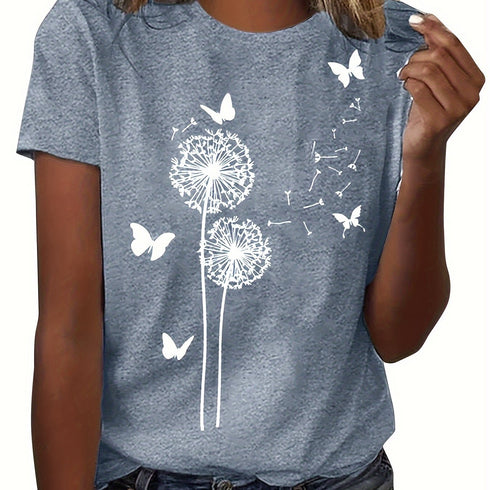 Dandelion & Butterfly Print T-Shirt Casual Crew Neck Top
