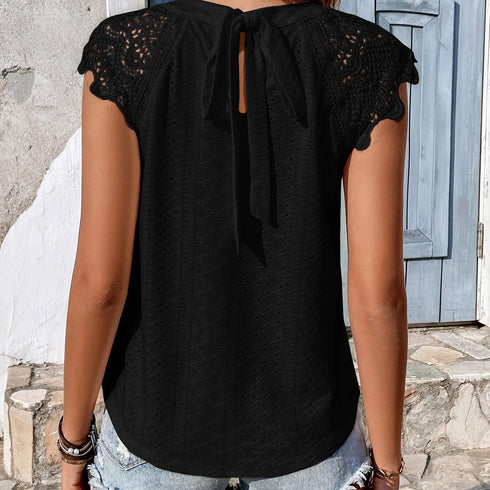 Eyelet Lace Tie Back T-Shirt for Casual Chic Style