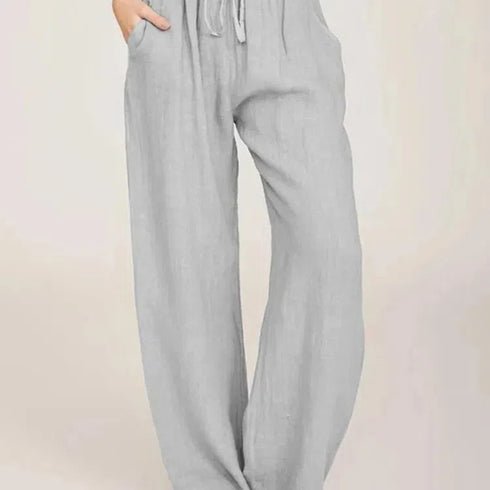 High Waist Wide-Leg Cotton Linen Pants for Women