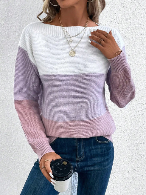 Elegant Three-Colour Patchwork Sweater for Women