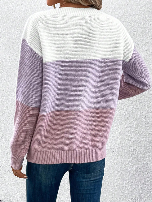 Elegant Three-Colour Patchwork Sweater for Women