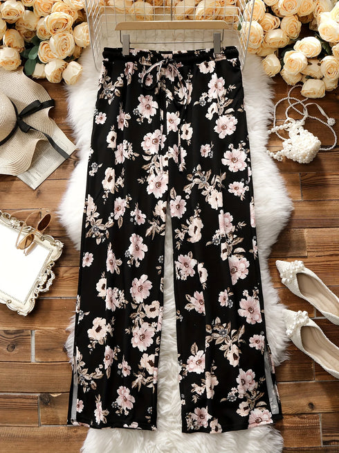 Plus Size Floral Print Wide Leg Trousers for Women