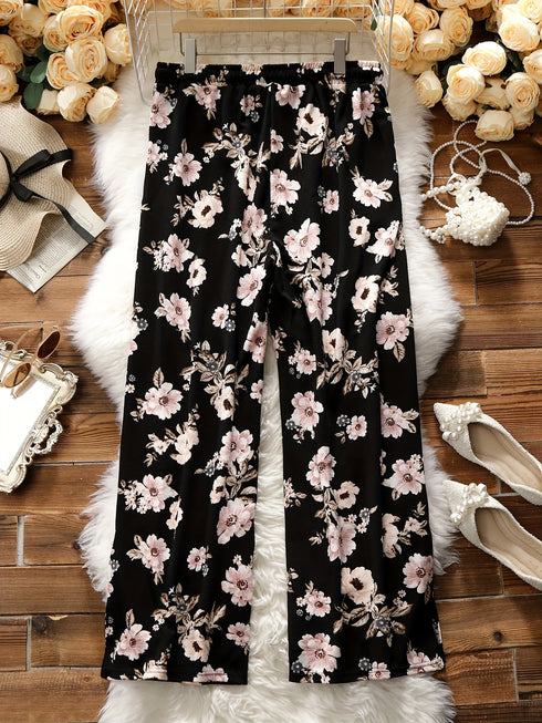 Plus Size Floral Print Wide Leg Trousers for Women