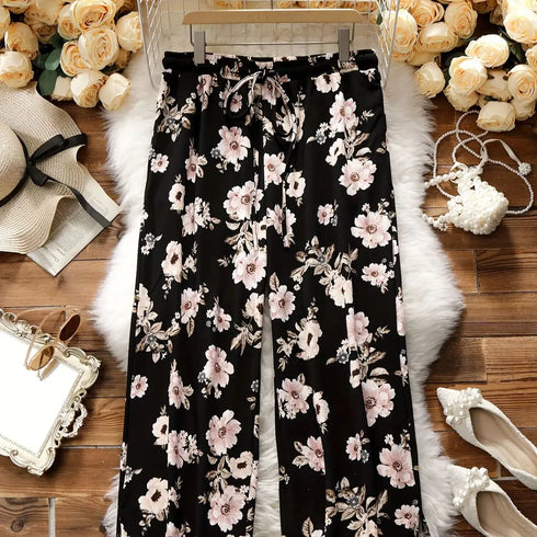 Plus Size Floral Print Wide Leg Trousers for Women
