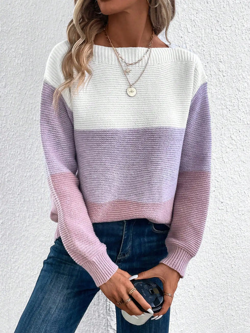 Elegant Three-Colour Patchwork Sweater for Women