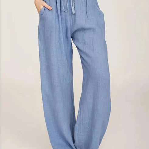 High Waist Wide-Leg Cotton Linen Pants for Women