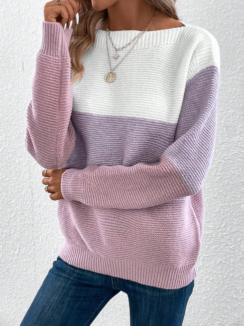 Elegant Three-Colour Patchwork Sweater for Women