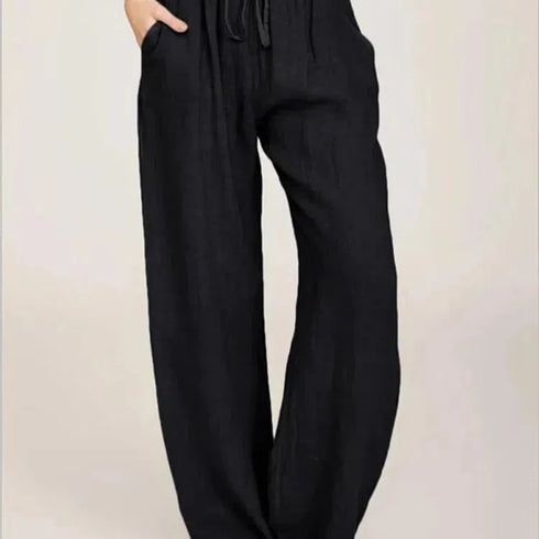 High Waist Wide-Leg Cotton Linen Pants for Women