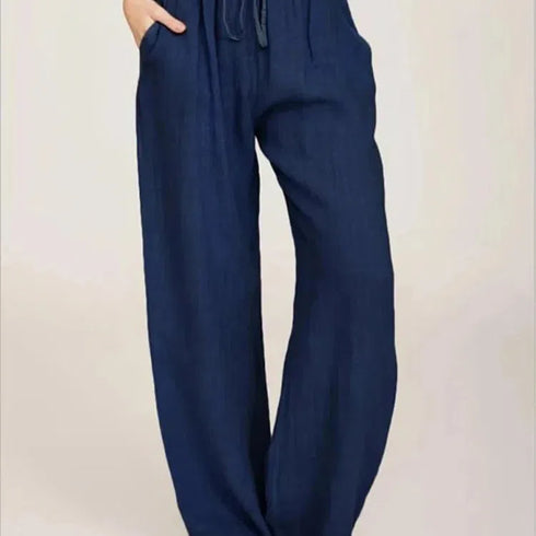High Waist Wide-Leg Cotton Linen Pants for Women