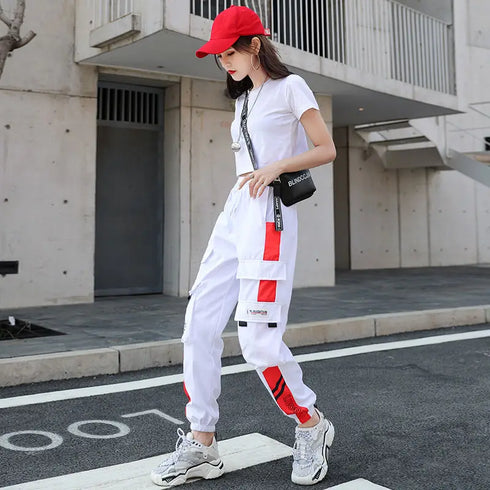 Women's Casual Cargo Joggers - Black & White
