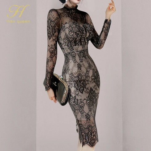 H Han Queen Autumn See Through Lace Pencil Dress Elegant Women