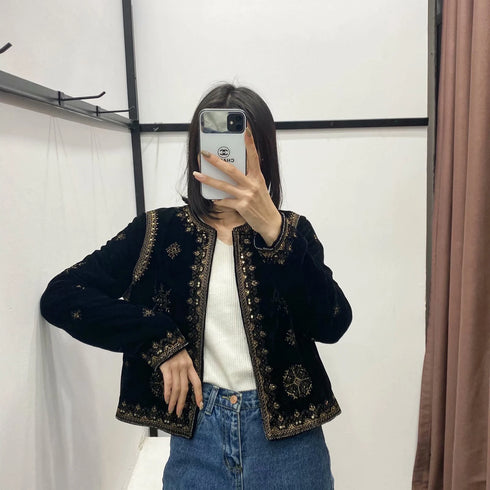 Women's Velvet Short Cardigan with Embroidery and Sequins