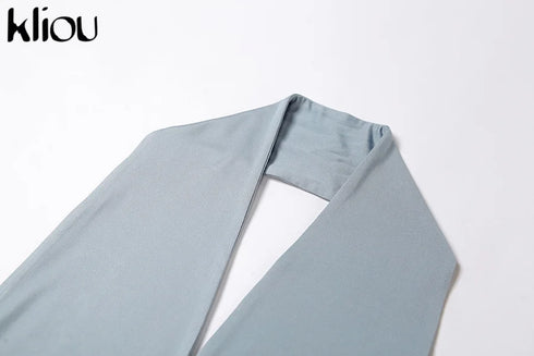 Kliou Solid Deep V Backless Two Piece Set in Black