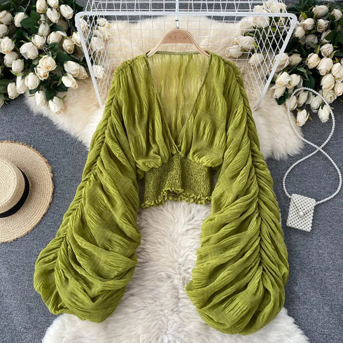 Elegant V-Neck Puff Sleeve Chiffon Blouse