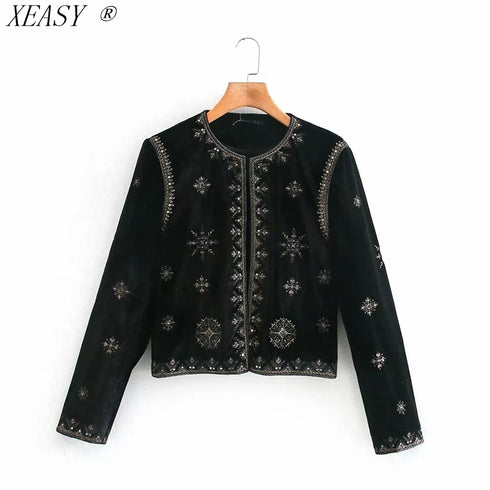 Women's Velvet Short Cardigan with Embroidery and Sequins