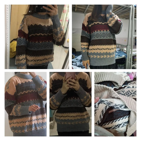Vintage Striped Loose Pullover Sweater for Women