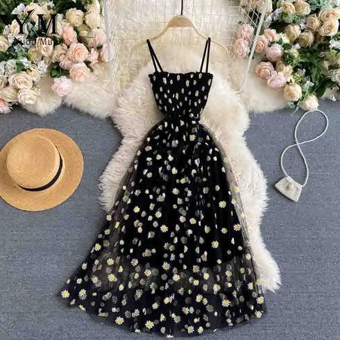 Daisy Flower Print Mesh Party Dress