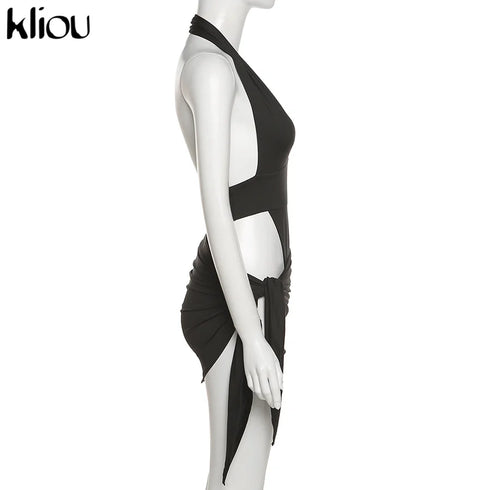 Kliou Solid Deep V Backless Two Piece Set in Black