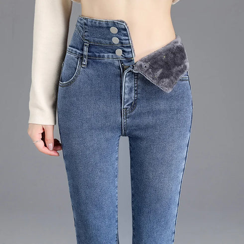 High-Waist Fleece-Lined Skinny Jeans for Women