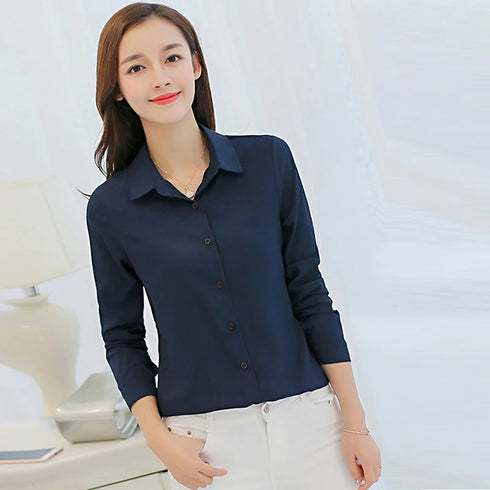 GAOKE OL Work Wear White Blue Blouse Long Sleeve Turn-down Collar Formal Elegant Female Shirt Ladies Tops School